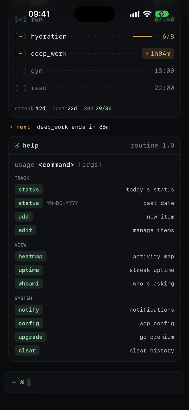 The help command listing status, add, edit, heatmap, uptime, whoami, notify, config, upgrade and clear.