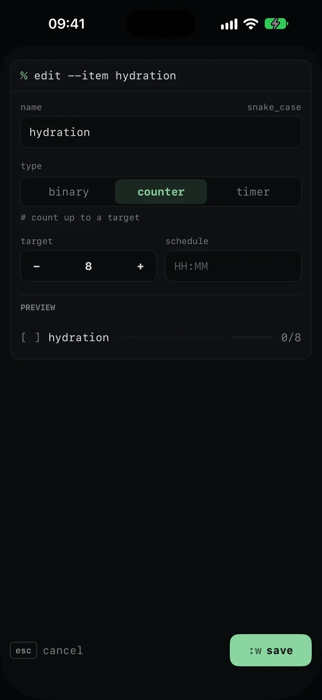 The edit screen for a hydration item with type binary, counter or timer, a target of 8 and an optional schedule.
