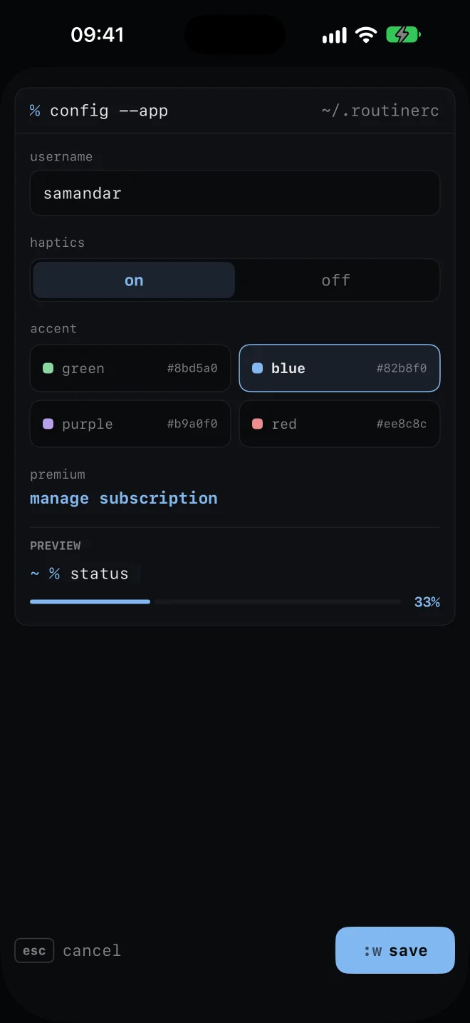 The config screen with username, haptics, and green, blue, purple and red accent options.